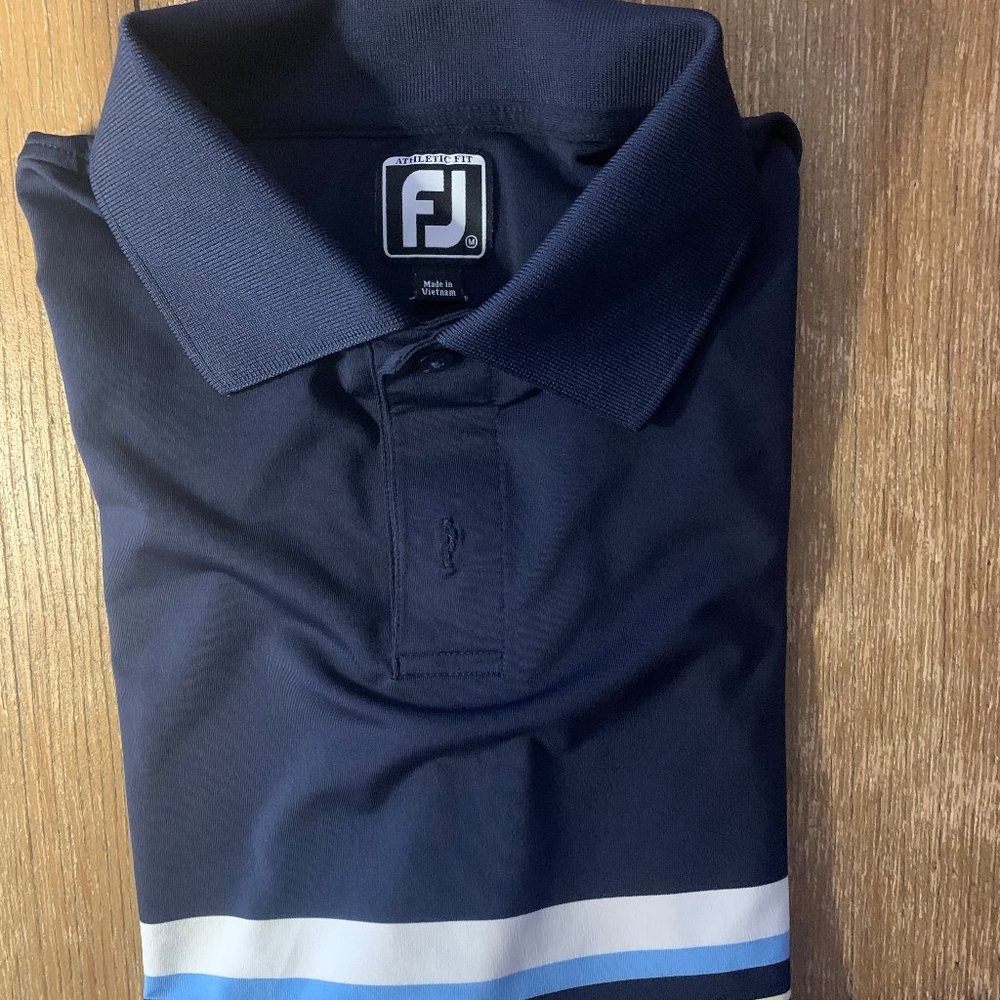 Fuji Men's Blue with shite stripes in middle golf shirt, size M